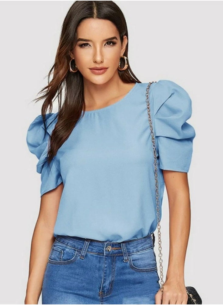 Womens Casual Round Neck T Shirt Puff Sleeve Tops Light Blue