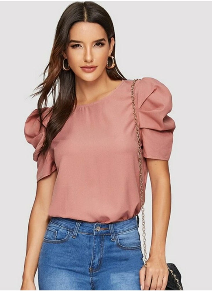 Womens Casual Round Neck T Shirt Puff Sleeve Tops Greyish Pink