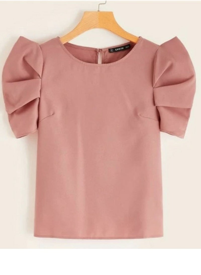 Womens Casual Round Neck T Shirt Puff Sleeve Tops Greyish Pink