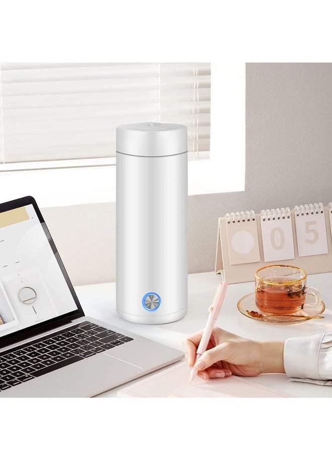 Portable Electric Kettle, 400ml Travel Tea Kettle with Non-stick Coating Double Wall Water Boiler Bottle Insulated Coffee Thermos Mug Fast Boil and Auto Shut Off Hot Water Heater (White)