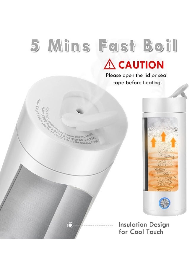 Portable Electric Kettle, 400ml Travel Tea Kettle with Non-stick Coating Double Wall Water Boiler Bottle Insulated Coffee Thermos Mug Fast Boil and Auto Shut Off Hot Water Heater (White)
