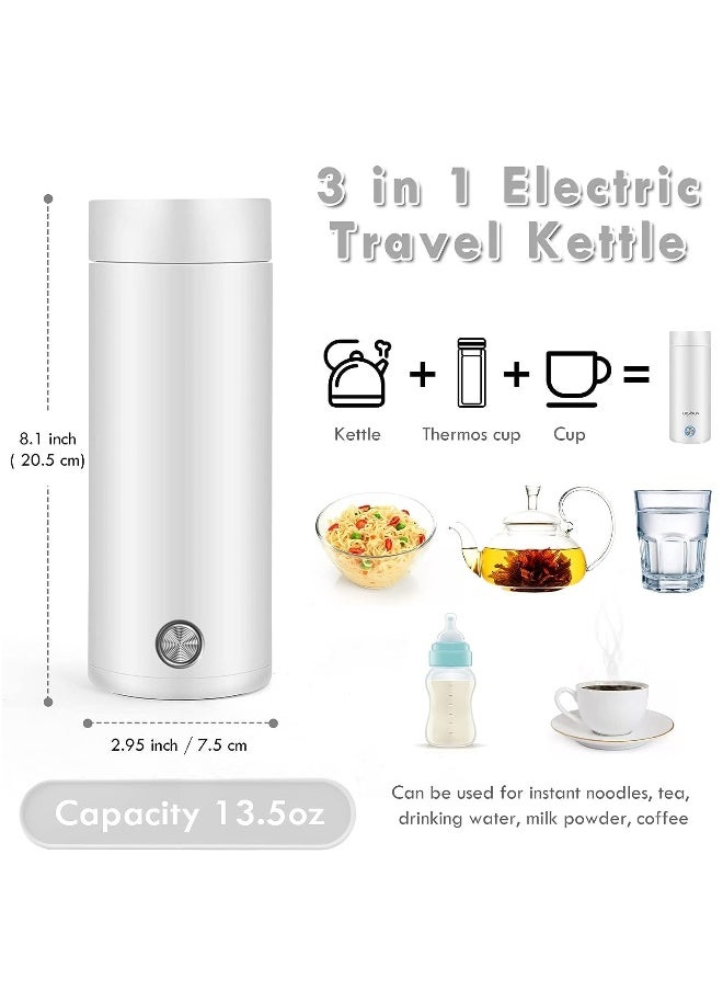 Portable Electric Kettle, 400ml Travel Tea Kettle with Non-stick Coating Double Wall Water Boiler Bottle Insulated Coffee Thermos Mug Fast Boil and Auto Shut Off Hot Water Heater (White)