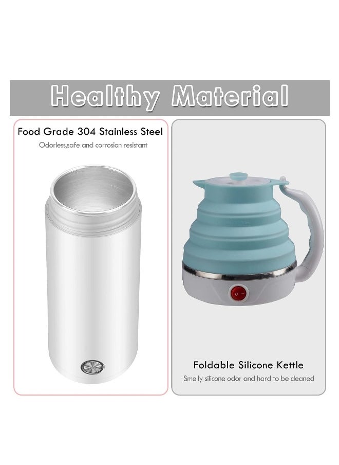 Portable Electric Kettle, 400ml Travel Tea Kettle with Non-stick Coating Double Wall Water Boiler Bottle Insulated Coffee Thermos Mug Fast Boil and Auto Shut Off Hot Water Heater (White)