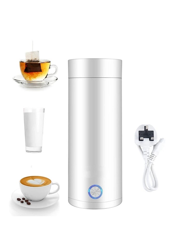 Portable Electric Kettle, 400ml Travel Tea Kettle with Non-stick Coating Double Wall Water Boiler Bottle Insulated Coffee Thermos Mug Fast Boil and Auto Shut Off Hot Water Heater (White)