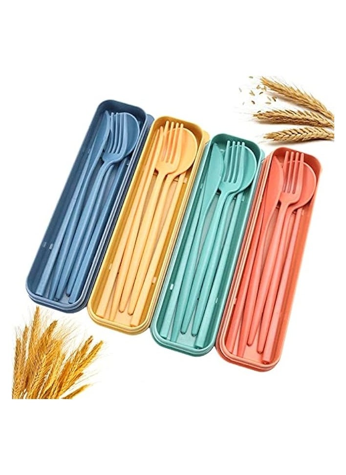 Wheat Straw Cutlery, 4 Sets Portable Cutlery Set, Reusable Travel Flatware Set, for Lunch Boxes Workplace Camping School Picnic or Daily Use(4 Colors