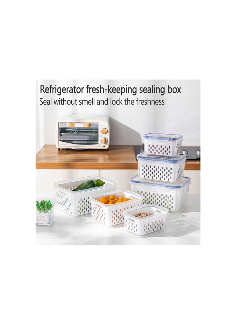 Fruit Vegetable Storage Containers for Fridge, Double-Layer Draining Fresh Containers 3 in 1 Produce Saver Storage Containers,Large Organizer Bins with Lid & Colander for Salad Meat Storage, BPA-FREE (Gray 1750ml)