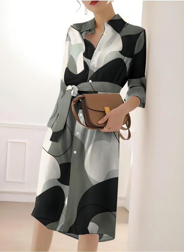 Womens Elegant Printed Three-Quarters Sleeve Lapel Dresses Side Slit Loose Dress