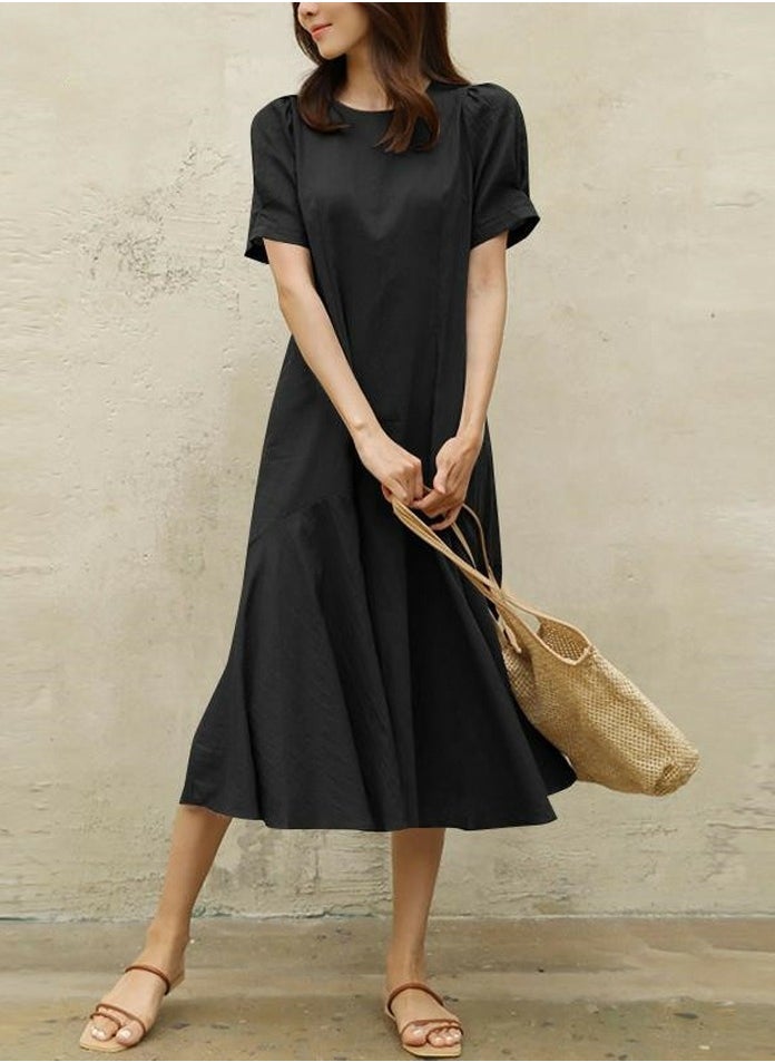 Womens Solid Short Sleeve Round Neck Dresses Wide Hem Loose Midi Dress Black