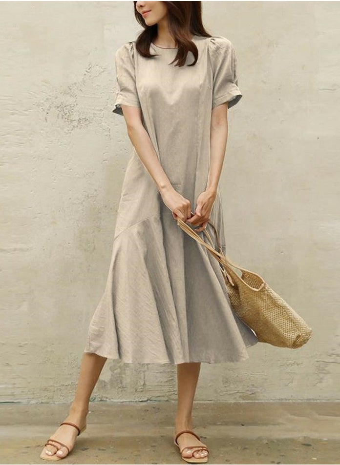 Womens Solid Short Sleeve Round Neck Dresses Wide Hem Loose Midi Dress Khaki