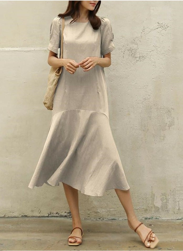 Womens Solid Short Sleeve Round Neck Dresses Wide Hem Loose Midi Dress Khaki