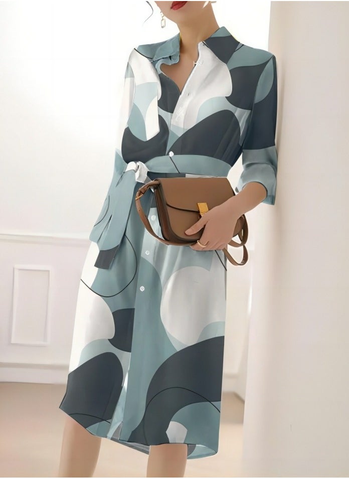 Womens Elegant Printed Three-Quarters Sleeve Lapel Dresses Side Slit Loose Dress