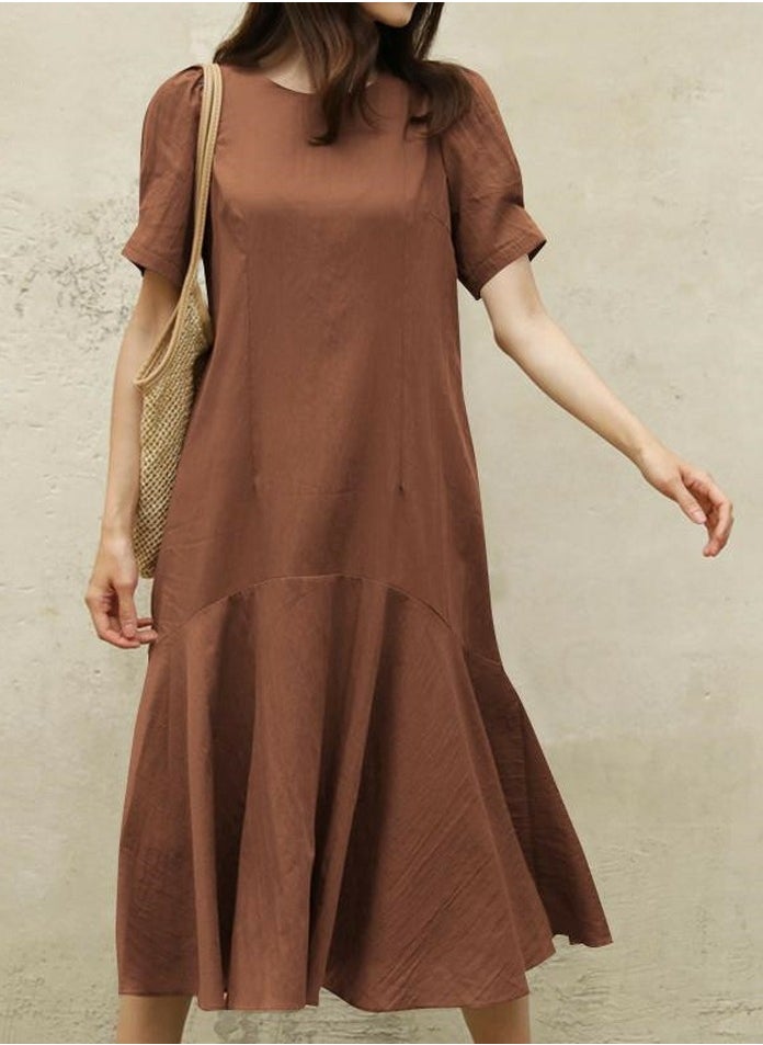 Womens Solid Short Sleeve Round Neck Dresses Wide Hem Loose Midi Dress Brown