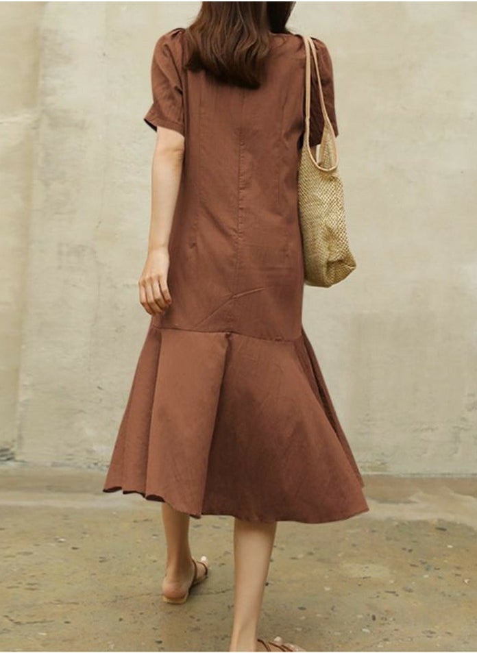 Womens Solid Short Sleeve Round Neck Dresses Wide Hem Loose Midi Dress Brown