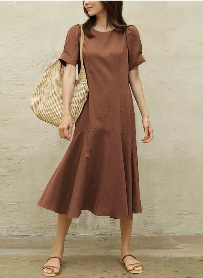 Womens Solid Short Sleeve Round Neck Dresses Wide Hem Loose Midi Dress Brown