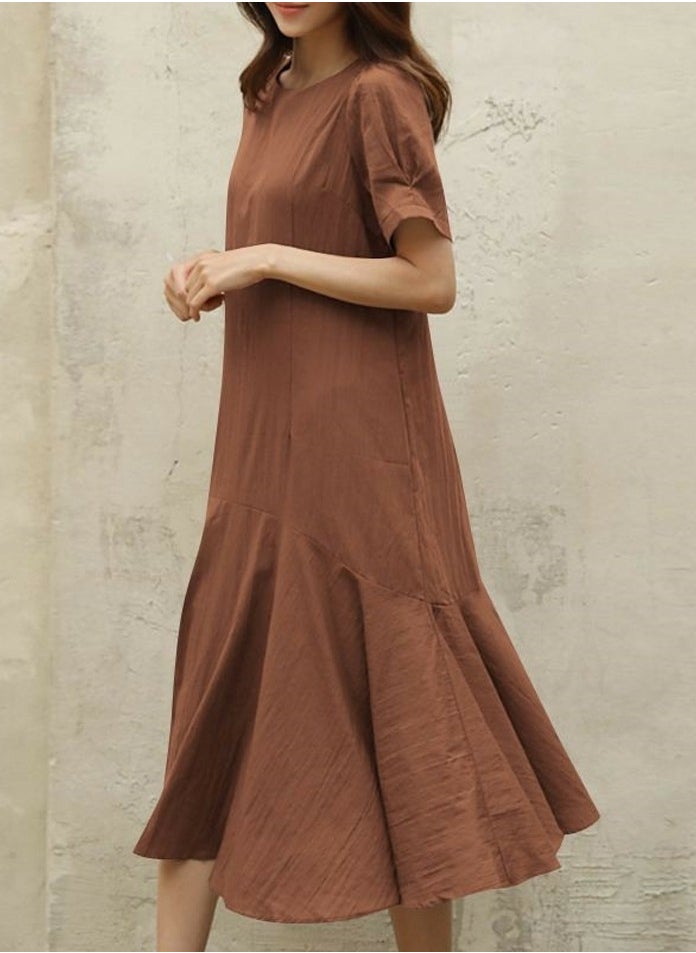 Womens Solid Short Sleeve Round Neck Dresses Wide Hem Loose Midi Dress Brown