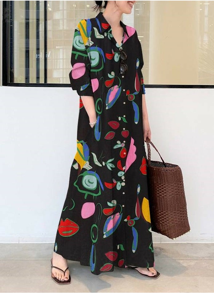 Womens Printed Long Sleeve Stand Collar Button Dresses Loose Maxi Dress