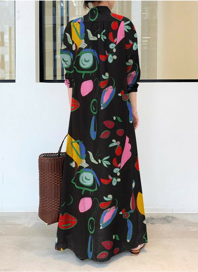 Womens Printed Long Sleeve Stand Collar Button Dresses Loose Maxi Dress