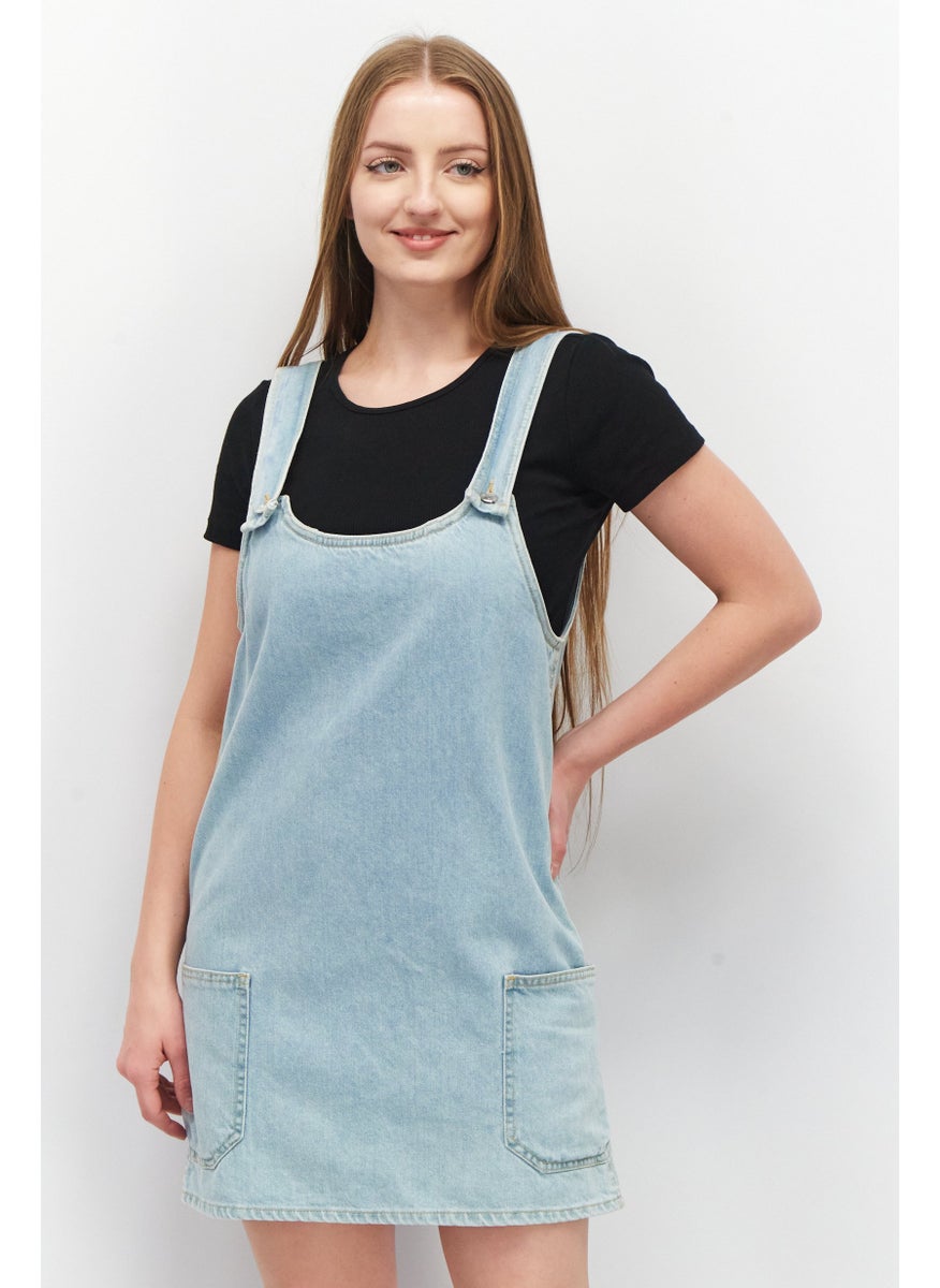 Women Sleeveless Wash Denim Mini Dress, Blue Wash