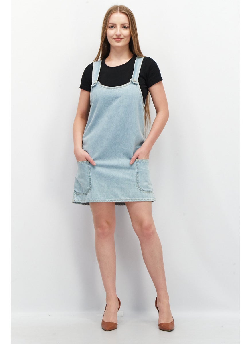 Women Sleeveless Wash Denim Mini Dress, Blue Wash