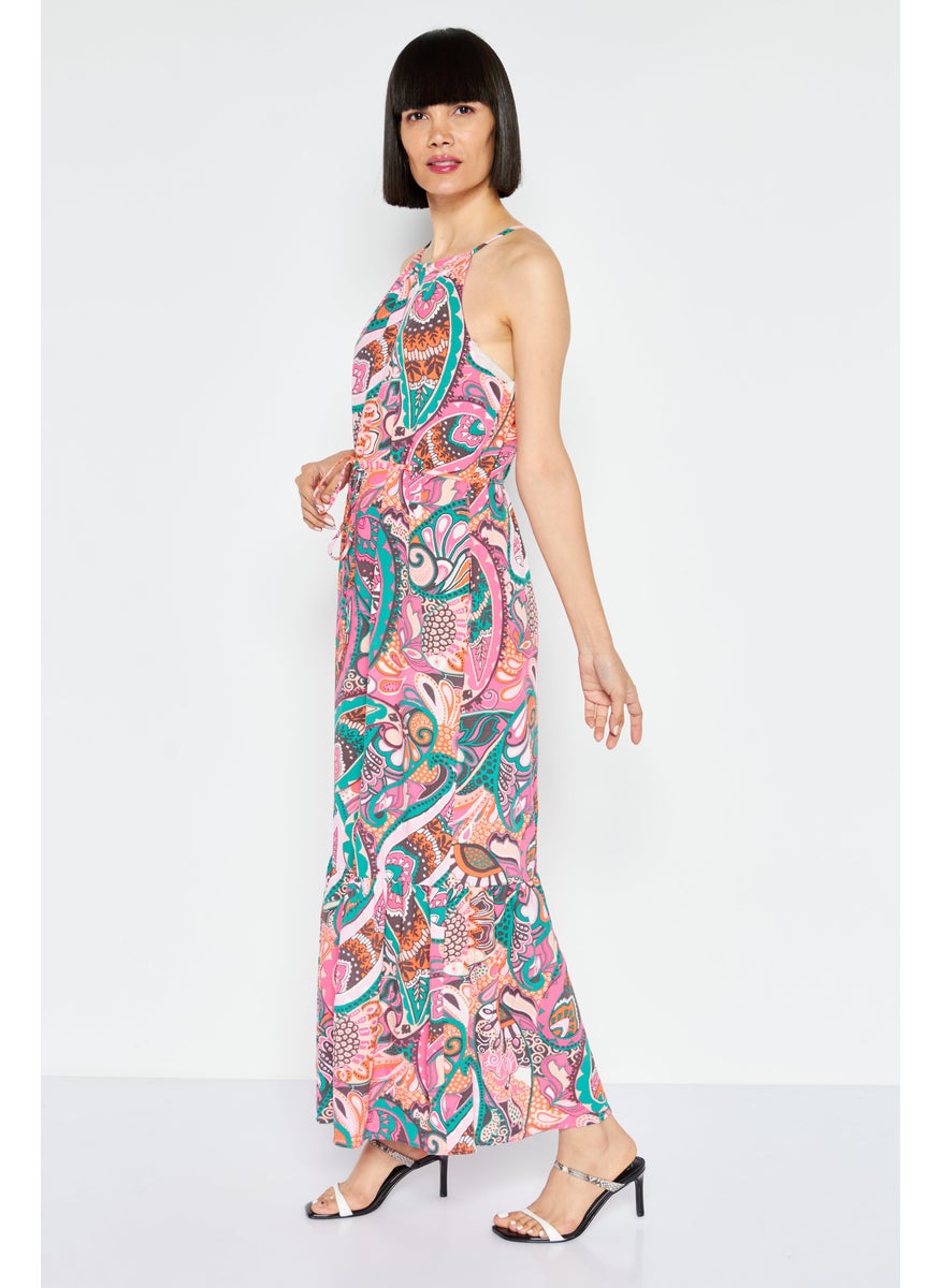 Women Allover Printed Maxi Dress, Pink Combo