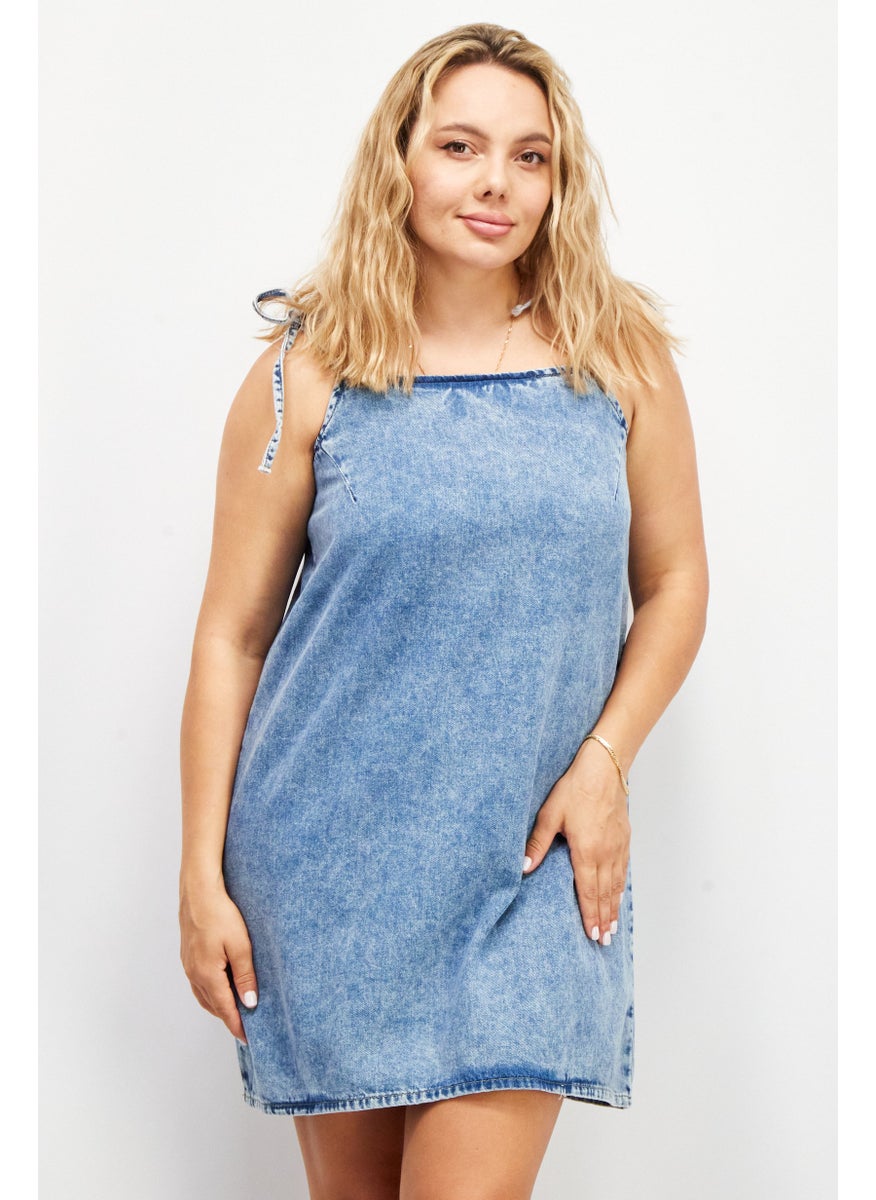 Women Solid Mini Casual Dress, Denim Blue