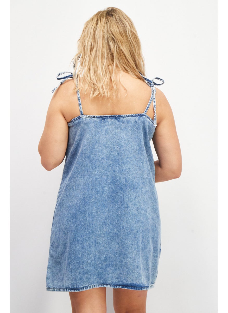 Women Solid Mini Casual Dress, Denim Blue