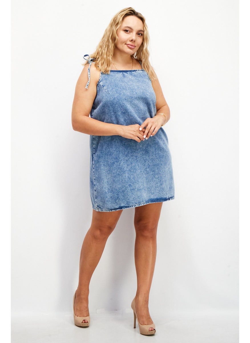 Women Solid Mini Casual Dress, Denim Blue