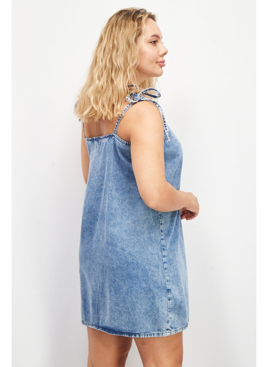 Women Solid Mini Casual Dress, Denim Blue