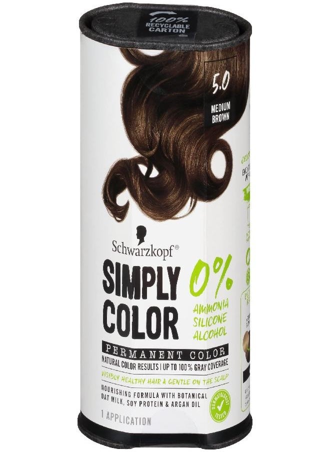 Schwarzkopf Simply Color Hair Color 5.0 Medium Brown, 1 Application - Permanent Hair Dye for Healthy Looking Hair without Ammonia or Silicone, Dermatologist Tested, No PPD & PTD