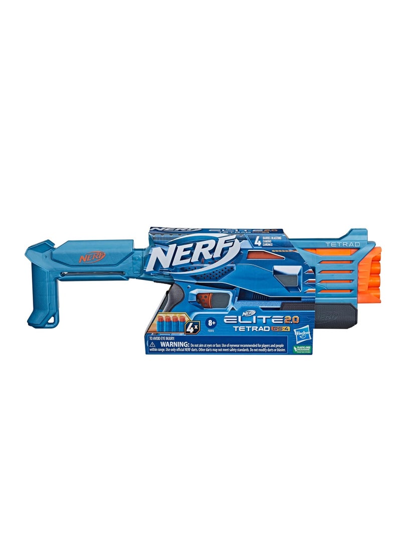 Nerf Elite 2.0 Tetrad QS-4 Blaster – 4-Barrel Pump Action Blasting, Includes 4 Nerf Elite Darts, Tactical Rail for Customization, High-Performance Toy Gun for Kids