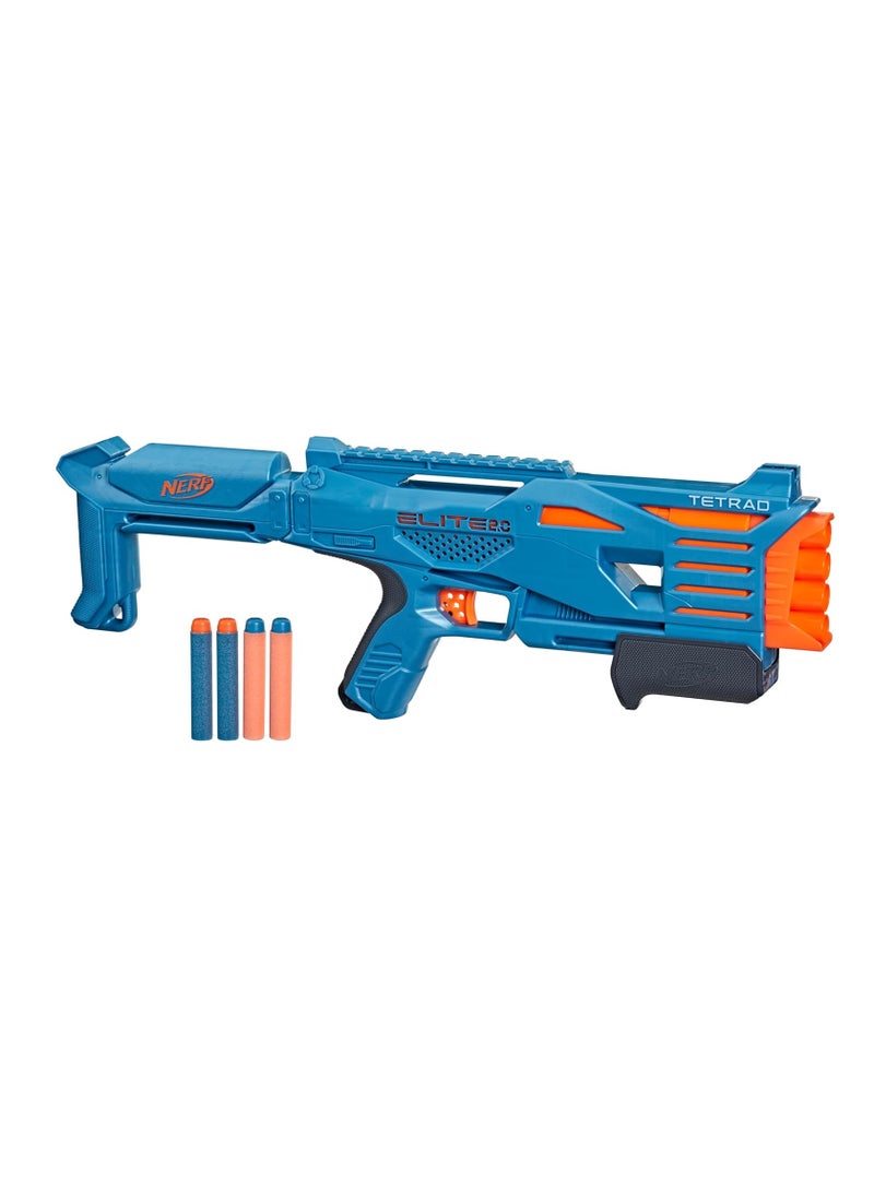 Nerf Elite 2.0 Tetrad QS-4 Blaster – 4-Barrel Pump Action Blasting, Includes 4 Nerf Elite Darts, Tactical Rail for Customization, High-Performance Toy Gun for Kids