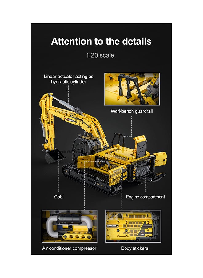 CaDA Toy Building Blocks Yellow Fully-functional Excavator C61082W 1702pcs for +8 Years old