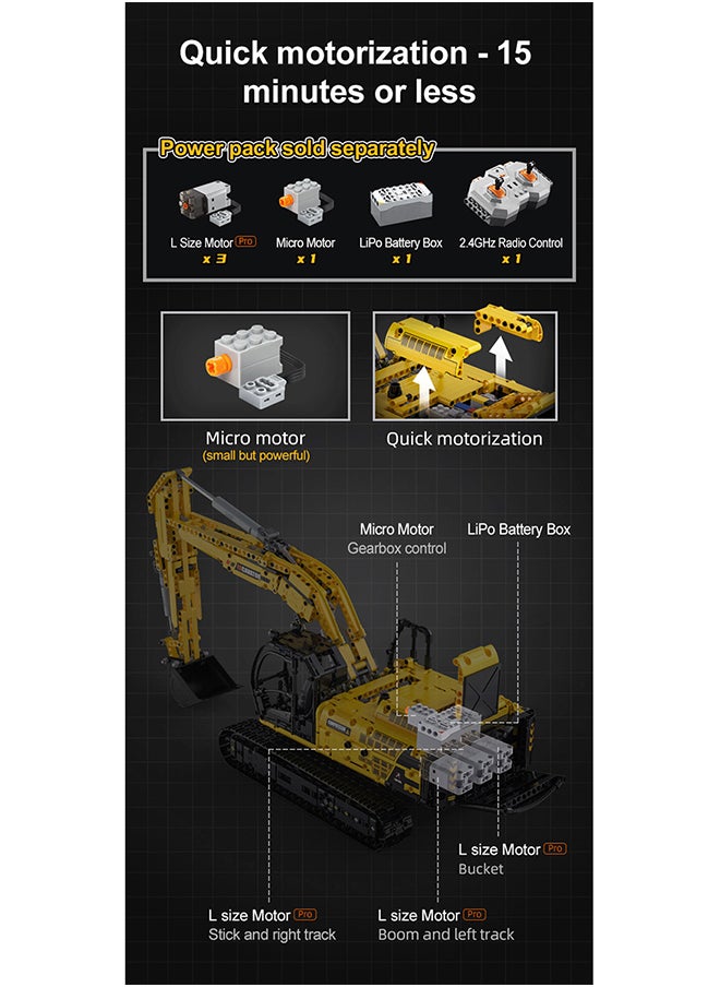 CaDA Toy Building Blocks Yellow Fully-functional Excavator C61082W 1702pcs for +8 Years old