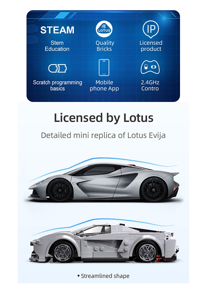 CaDA Remote Control Car with Programmable APP Toy Building Blocks Grey Lotus Evija Car Officially licensed C51071W 308pcs for +6 Years old