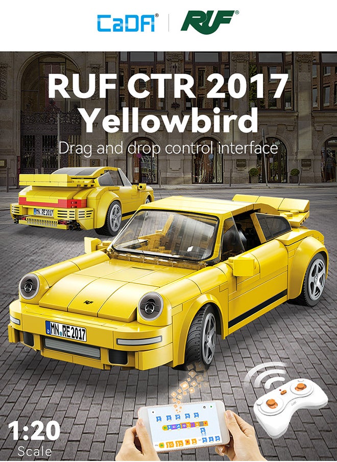 CaDA Remote Control Car with Programmable APP Toy Building Blocks Yellow Ruff Porsche CTR Yellowbird Car C51079W 222pcs for +6 Years old