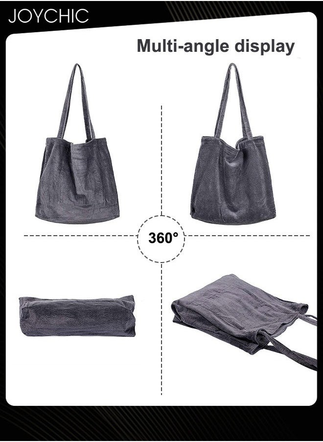 Korean Style Women Versatile Large Capacity Shopping Bag Casual Literary Washed Corduroy Simple Retro Ladies Shoulder Bag Grey