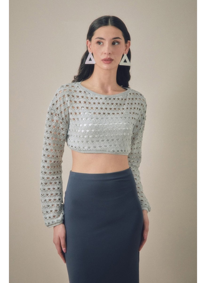 Openwork Crew Neck Crop Blouse