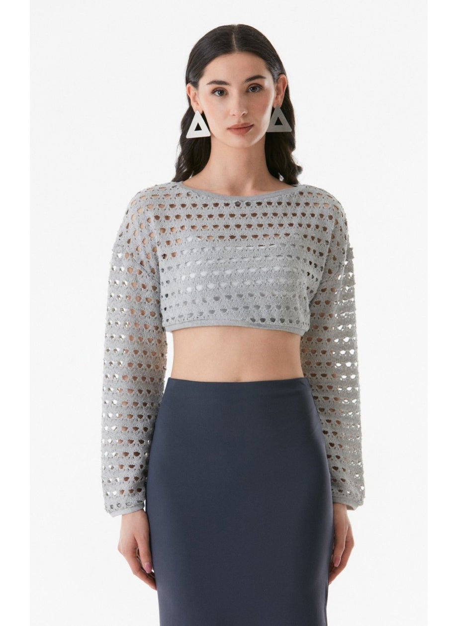 Openwork Crew Neck Crop Blouse