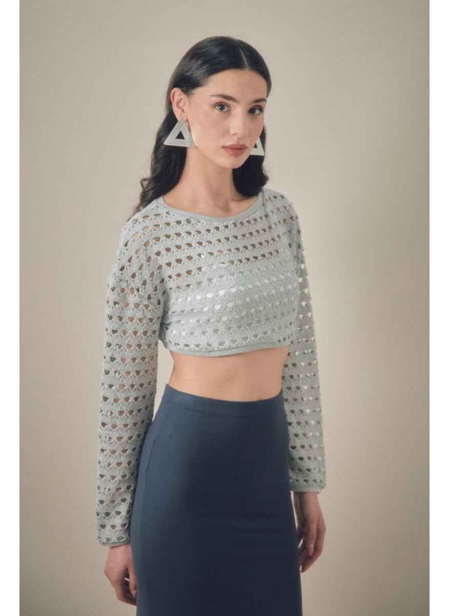 Openwork Crew Neck Crop Blouse