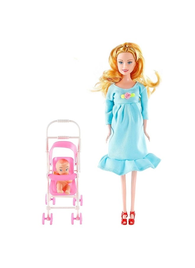 Pregnant Doll Have a Baby in Her Tummy Mom Doll Pregnant Mom Toy with Baby Doll Trolley Blue