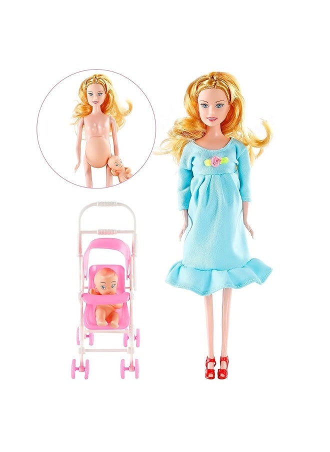 Pregnant Doll Have a Baby in Her Tummy Mom Doll Pregnant Mom Toy with Baby Doll Trolley Blue