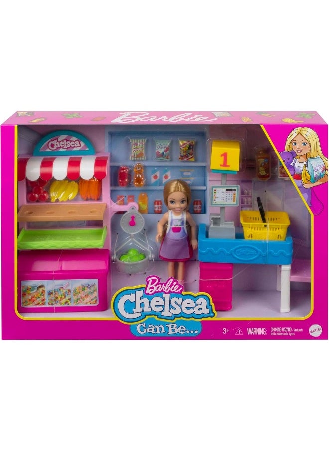 Barbie Chelsea Snack Stand Playset with Doll 15+ Pieces: Register, Food Items, Shopping Basket & More, Gift for Ages 3 Years Old & Up