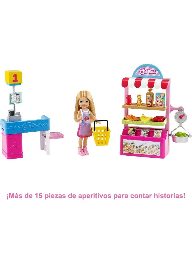 Barbie Chelsea Snack Stand Playset with Doll 15+ Pieces: Register, Food Items, Shopping Basket & More, Gift for Ages 3 Years Old & Up