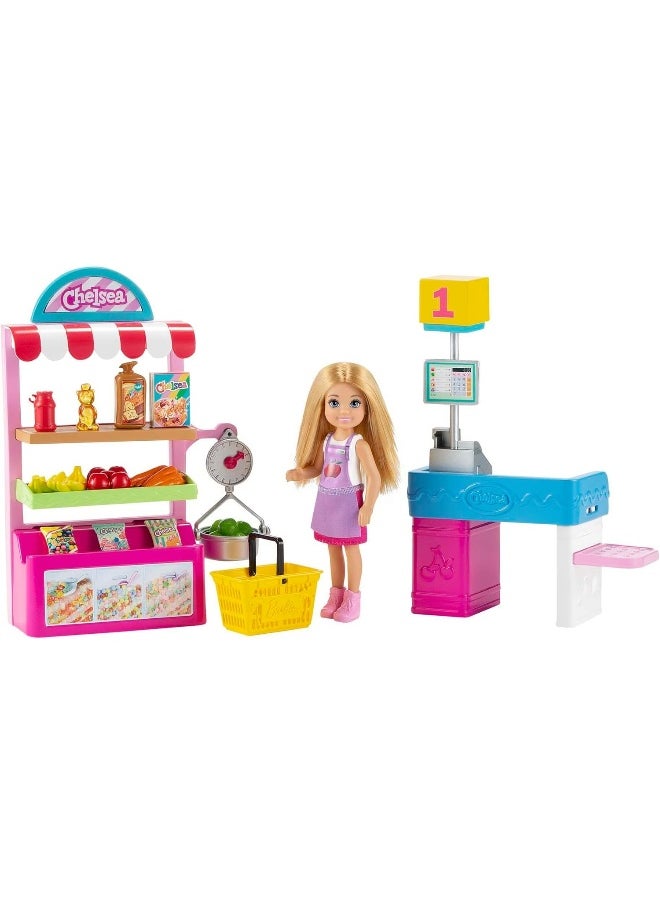 Barbie Chelsea Snack Stand Playset with Doll 15+ Pieces: Register, Food Items, Shopping Basket & More, Gift for Ages 3 Years Old & Up