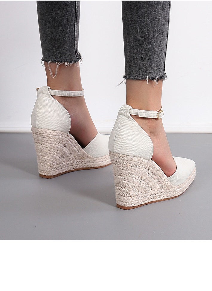 Women's Platform Espadrilles Wedge Sandals Ankle Strap Closed Pointed Toe Heeled Shoes Light Beige