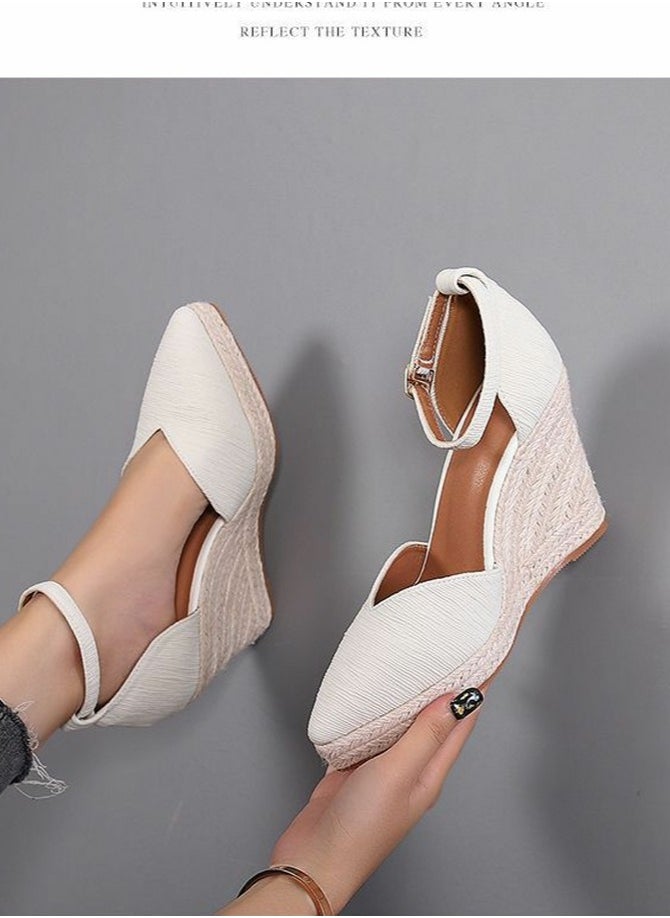 Women's Platform Espadrilles Wedge Sandals Ankle Strap Closed Pointed Toe Heeled Shoes Light Beige