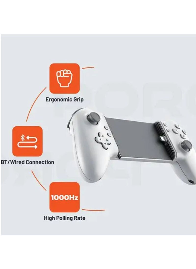 Gaming Multi-Platform Game Controller, Bluetooth & Wired Connection, Supported Devices of Up to 176mm in Width, 1000Hz High Polling Rate, Ergonomic Grip - White