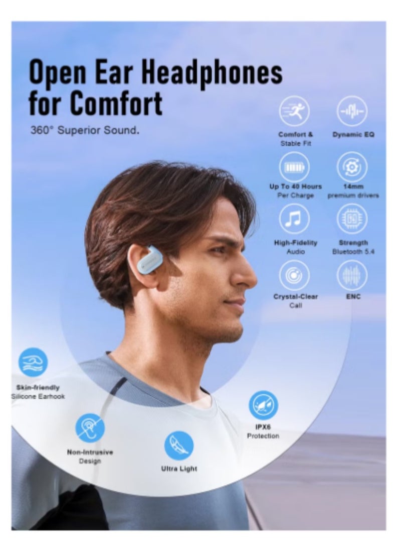 ZIPFORCE True Wireless Earbuds, Open Ear Bluetooth 5.4 Headphones 4-Mics ENC Clear Call, OWS Bluetooth Earbuds Touch Control, IPX6 Waterproof TWS, Light-Weight Earphones