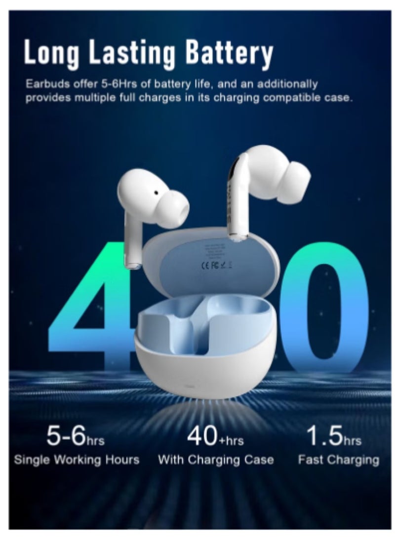 BETMI - True Wireless Earbuds - Fully In-Ear Bluetooth5.4 Headphones, IPX5 Waterproof TWS With Dual Mic For Sport, Light-Weight Earphones Playtime 40+Hours with Charging Case For Android iOS/iPhone - White