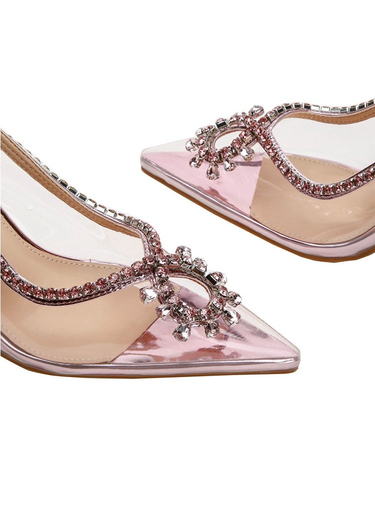 Women's Rhinestone Transparent Closed Pointed Toe High Heels With Strap Stiletto Pumps Pink 8.5 CM